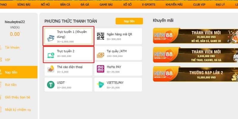 Nạp Tiền New88: Hướng Dẫn Cách Nạp Tiền Chính Xác 13 Bước 2: Chọn hình thức thanh toán trực tiếp qua ngân hàng tại Nạp tiền NEW88